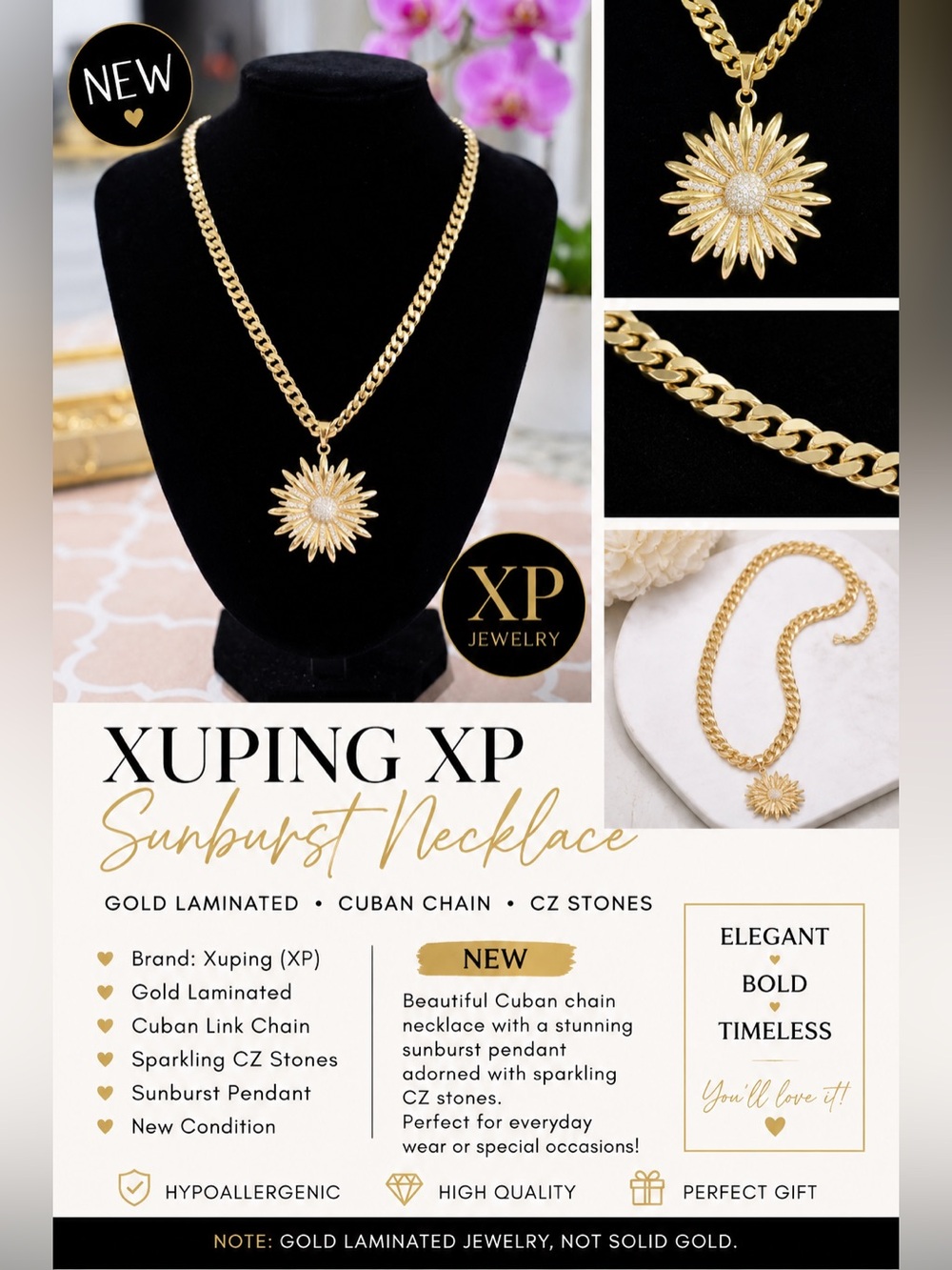 Xuping XP Gold Sunburst Pendant Cuban Chain Necklace - Gold